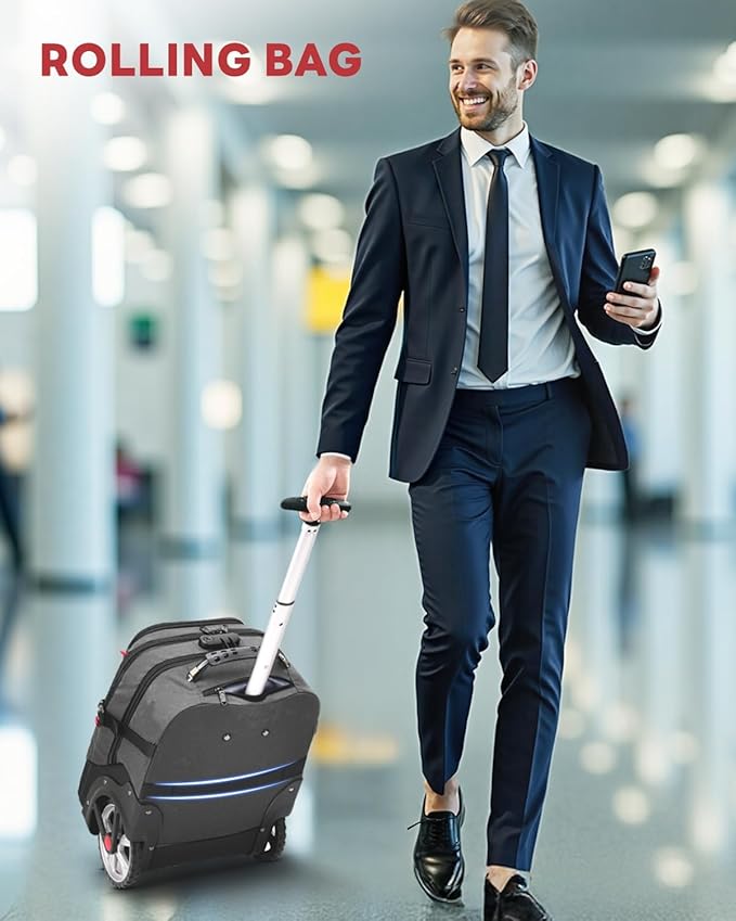 MATEIN Rolling Laptop Bag with Larger Wheels, 17 Inch Spacious Roller Back Packs with Anti Theft Lock for Adults Men, Heavy Duty Rolling Large Carry On Luggage for Office Work Travel, Grey