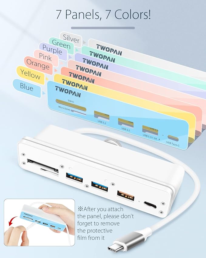 TWOPAN USB C Hub Multiport Adapter for iMac M4/M3/M1, 6 in 1 iMac 2024/2023/2021 USB C Port Hub with USB 3.0 Ports, SD/Micro SD Card Readers & 7 Color Panels