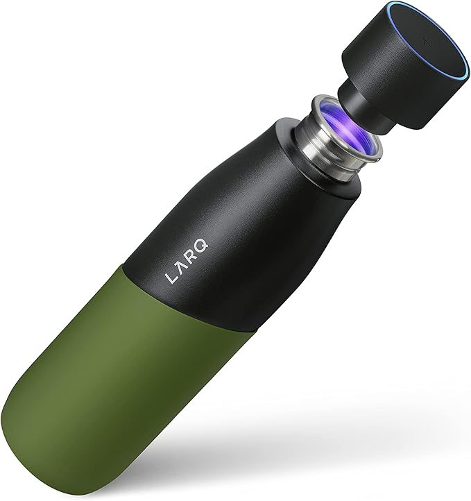 LARQ Bottle Movement PureVis 32 oz- Lightweight Self-Cleaning and Non-Insulated Stainless Steel Water Bottle with UV Water Purifier | Reusable & Travel Friendly, Black/Pine
