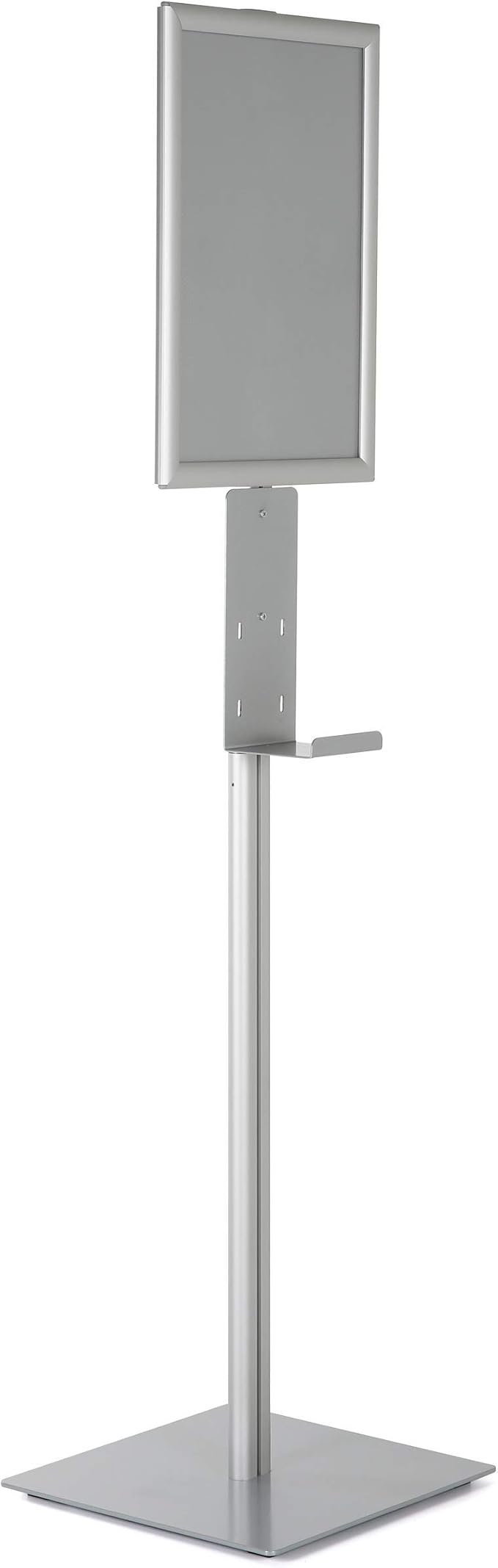 M&T Displays Floor Stand Universal Holder for Liquid/Lotion Soap or Hand Sanitizing Products, Face Mask, Disposable Glove, Facial Tissue with 11x17 Inch Opti Snap Frame Message Sign Post