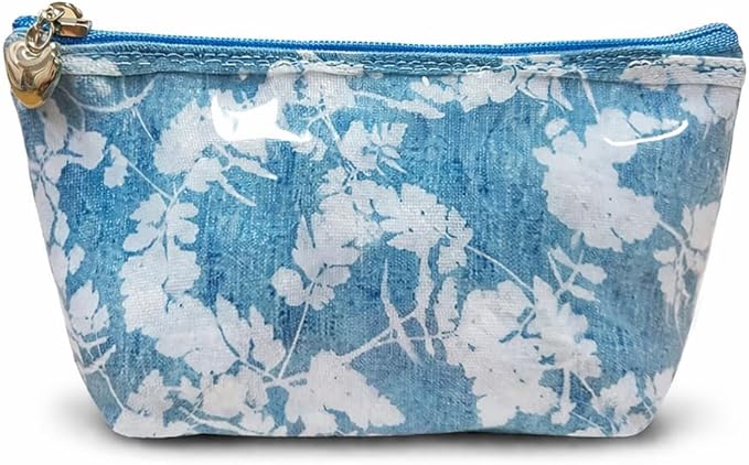 Jacaranda Living Small Cosmetic Bag - Water-Resistant, PVC-Lined, Compact & Travel Ready Make Up Bag, Easy to Clean - Floral Denim