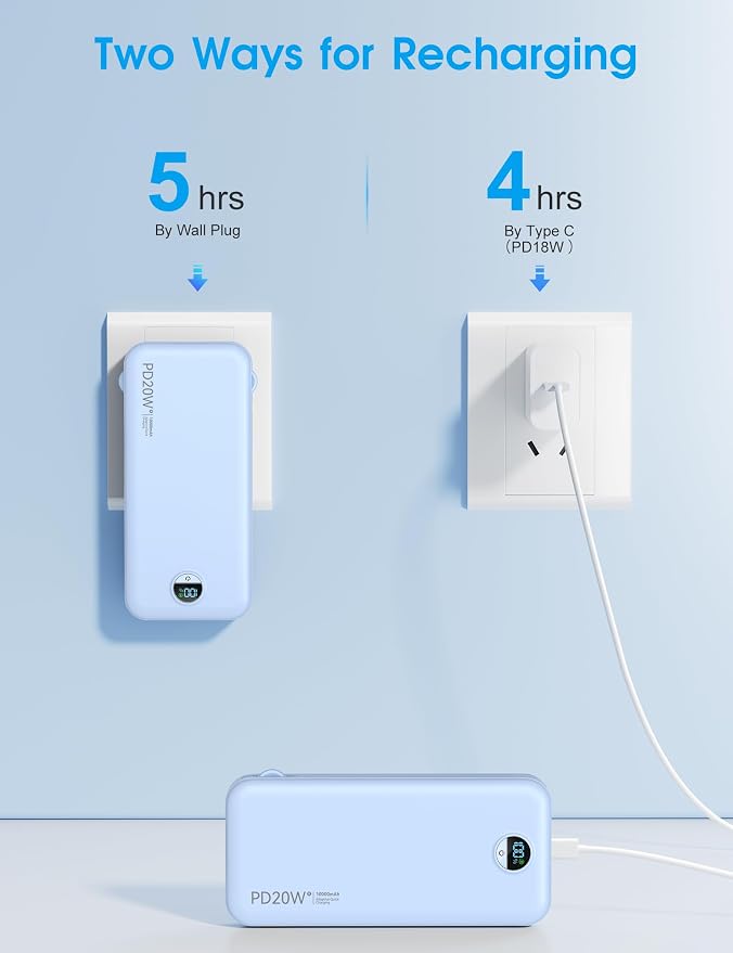 citicr Portable Charger 10000mAh PD20W w/Built-in Cables & Wall Plug Blue | Fast charging, Built-in wall plug, LED display, Charge 5 devices at once, Pass through charging, TSA approved, Pocket size