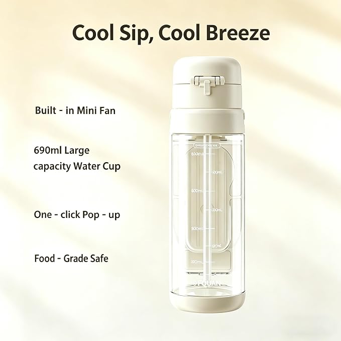 CRILEAL 2-in-1 Water Bottle with Foldable Fan, 690ml Portable Cooling Cup with Straw, 3-Speed USB-C Rechargeable Built-In Fan Bottle for Travel, Hiking, Beach and Summer Outdoor Use, White