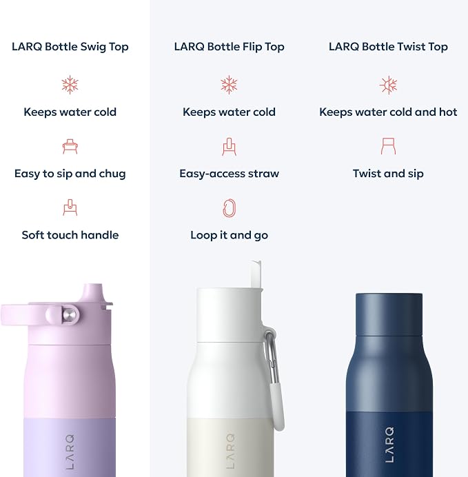 LARQ Swig Top — Insulated Stainless Steel Water Bottle with Straw, Detachable Silicone Handle, Vacuum 24h Cold, BPA-Free Metal Bottle for Gym, Travel, Office, Wide Mouth for Ice — 34 oz, L. Lavender