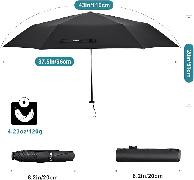 G4Free 43in Mini Travel Umbrella Ultralight Carbon Fiber UPF 50+ Umbrella | UV Protection, Sun Block, For Sun, Super Slim, Small Size, Weighs Only 4 oz, Compact Design, For Travel, For Purse, Women Use