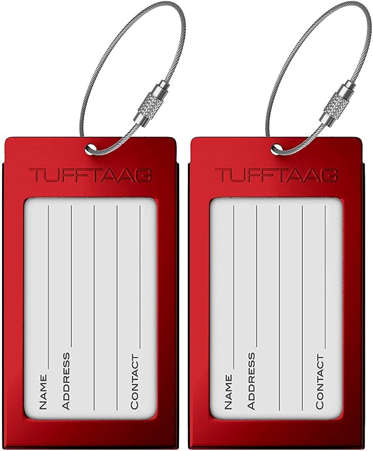 Luggage Tags Business Card Holder by TUFFTAAG - Durable Travel ID Bag Tag, Red Steel, 2 Tags