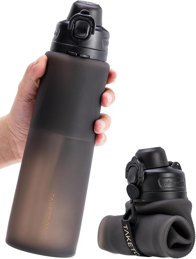 TakeToday Collapsible Water Bottles 32oz Black and 20oz Black, Foldable Travel Water Bottle with Strap, BPA Free, Silicone Water Bottle Leakproof for Hiking, International Travel, Outdoors