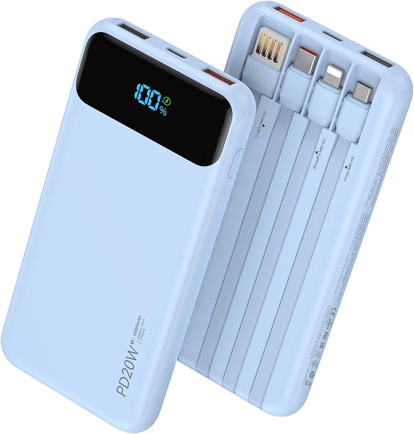 Nusyddy Portable Charger 10000mAh PD20W w/4 Built-in Cables/6 Outputs Blue | PD20W Fast Charging, LED Display, Pass Through Charging, Charge 6 Devices at once, TSA Approved, Fits iPhone, iPad, Samsung