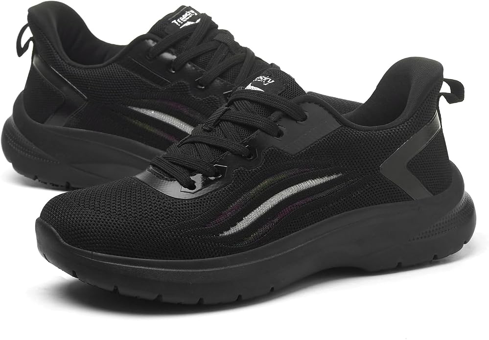 Treesky Black Non Slip Work Shoes for Women, Restaurant & Kitchen Sneakers | Slip resistant soles, lightweight cushioning, breathable knit, removable insole, for nursing, food service & long shifts