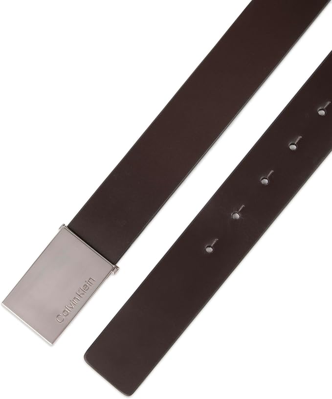 Calvin Klein Men's Plaque Buckle Belt - Casual Modern Style With Logo Detail for Jeans and Dress Pants