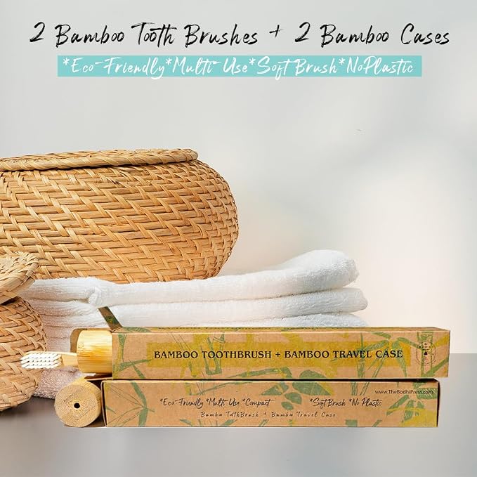 Bamboo Toothbrush & Travel Case Set – Eco-Friendly Oral Care with Soft Bristles – Sustainable & Portable Dental Hygiene Kit 2 Pack (2)