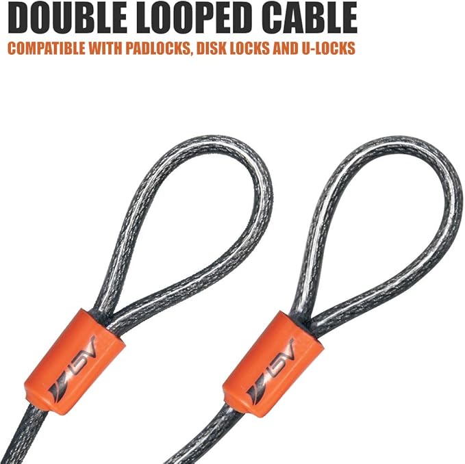 BV 2.5FT Bike Cable with Loops - 5mm (3/16 Inch) Cut-Resistant Braided Steel Cable - Versatile & Weatherproof - Small Security Cable Lock, Security Chain for Padlock, Chain Lock, Wire Lock