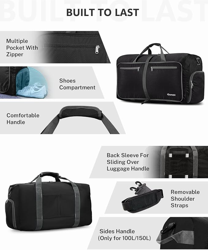 Gonex Large Foldable Travel Duffle Bag with Shoes Compartment, Packable Lightweight Water Repellent Duffel Bag for Camping Gym Weekender Bag