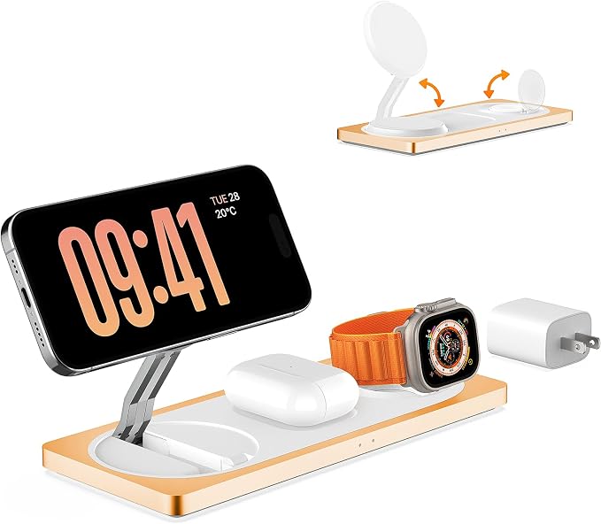 PETINO 3 in 1 Wireless Charging Station for Apple Devices with MagSafe | For iPhone 17/Air/16/15/14/13/12, AirPods & Apple Watch, Foldable Portable Aluminum Charging Stand, Adapter Included