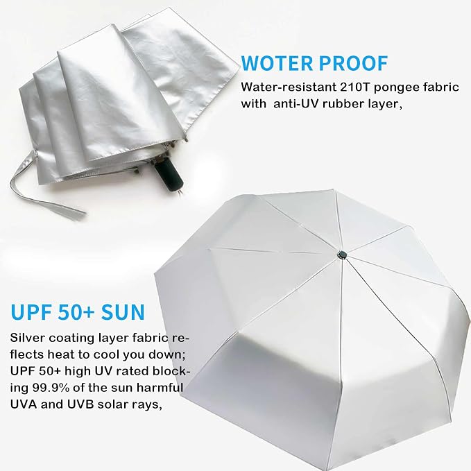 SIEPASA Compact Travel Umbrella - Windproof Auto Open/Close, Small Folding Umbrella for Rain & Sun with UPF50+ - Lightweight Frame, Waterproof - Fits Backpack, Purse, Suitcase.(Silver/Light Purple)