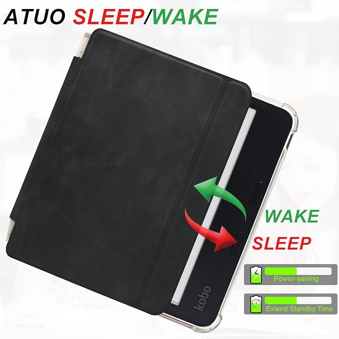 Folio Leather Case for 7" Kobo Libra Colour (2024) eReader - Ultra-Thin Enhanced Auto Sleep/Wake Cover with Transparent TPU Back, Magnetic Closure, Stylus Holder (Black)