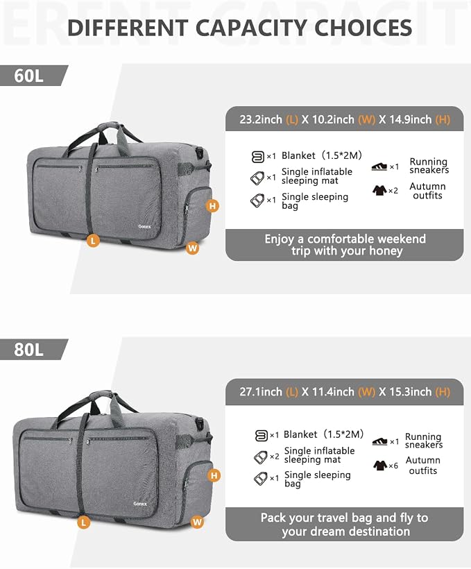 Gonex Large Foldable Travel Duffle Bag with Shoes Compartment, Packable Lightweight Water Repellent Duffel Bag for Camping Gym Weekender Bag