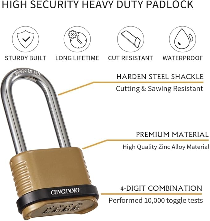CINCINNO Heavy Duty Combination Lock, 4-Digit Combo Lock with Long Shackle,Weatherproof Combination Padlock for Outdoor Use,4 Pack