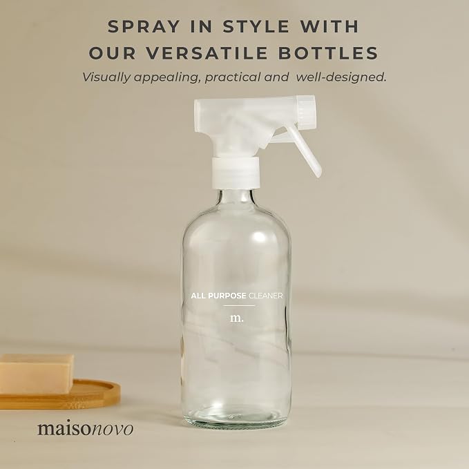 MaisoNovo Glass Spray Bottles 16 Oz Pack of 2 - Clear Spray Bottles for Cleaning Solutions with Fortified Glass & Fine Mist - Ideal for Cleaning, Disinfecting, Home, Office & Commercial Use - 16 Label