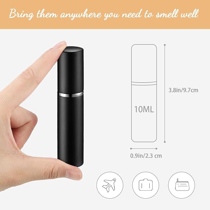 Motiskyy 70 Pcs 10 ml Refillable Perfume Atomizers Bulk - Mini Travel Cologne Sprayers with Refill Pump & Transfer Tool for Perfume Makers & Small Studios(Black)