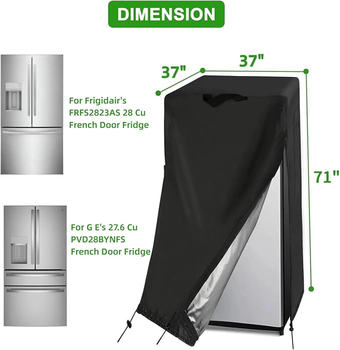 Refrigerator Cover for Most 20-30Cu Ft French Door Refrigerator, Waterproof Upright Freezer Cover for Side-by-Side Refrigerators, Large Heavy Duty Top Fridge Covers (37" W x 37" D x 71" H)