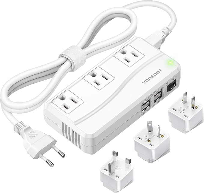 220V to 110V Travel Converter, Voltage Converter US to Europe, Power Converter with 3 AC Sockets and 4 USB-A Ports, Universal Plug Adapter for EU Italy Spain Germany UK France Australia Japan