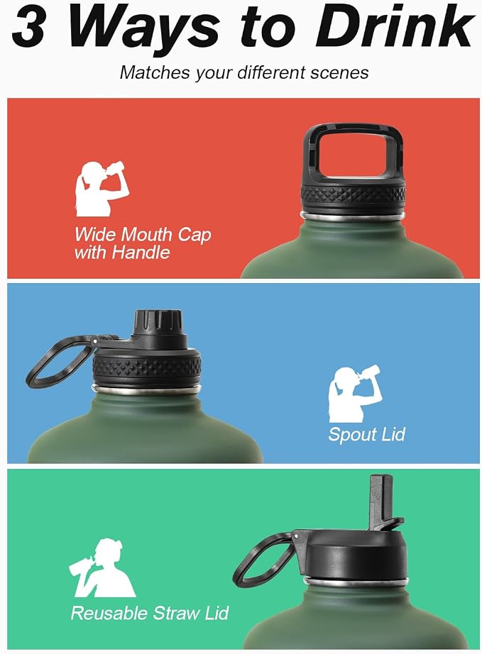 Coolflask 128 oz Gallon Water Bottle Insulated with Straw&3 Lids, Water Jug Large Stainless Steel Metal Vacuum Wide Mouth for Sports, Gym or Office, Non-BPA Keep Cold 48H Hot 24H, Dark Green