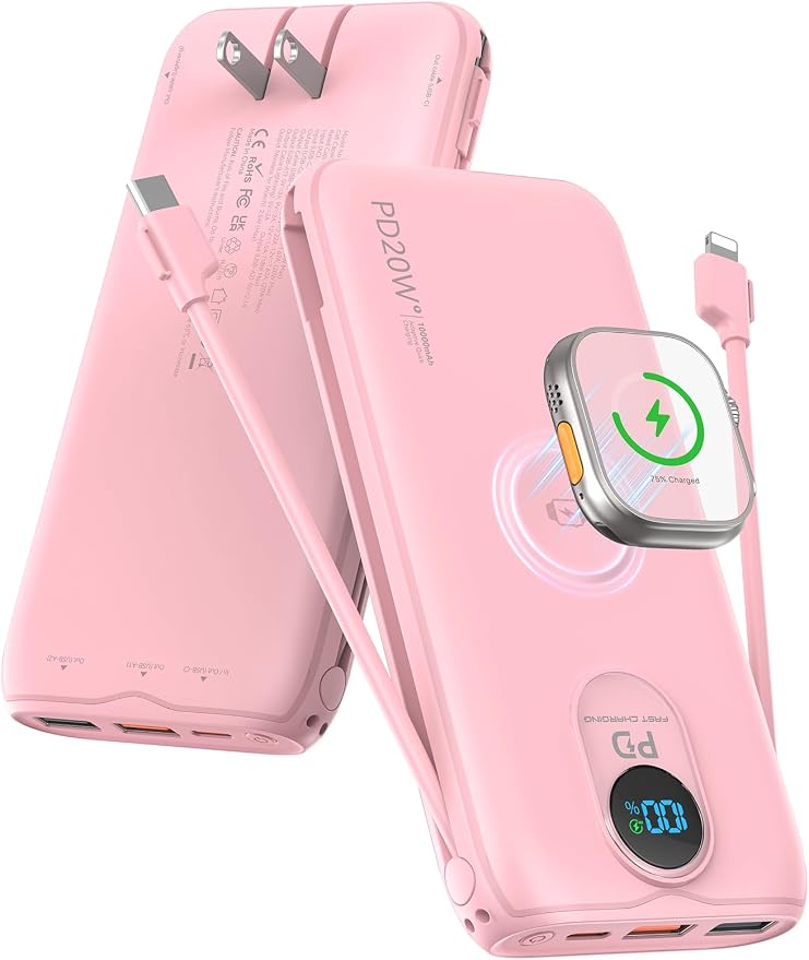 Portable Charger, 10000mAh 20W Fast Charging Power Bank with Built in Cables & AC Wall Plug & LED Display, Travel Essentials Battery Pack Powerbank for iPhone, iPad, iWatch, Samsung, Pink