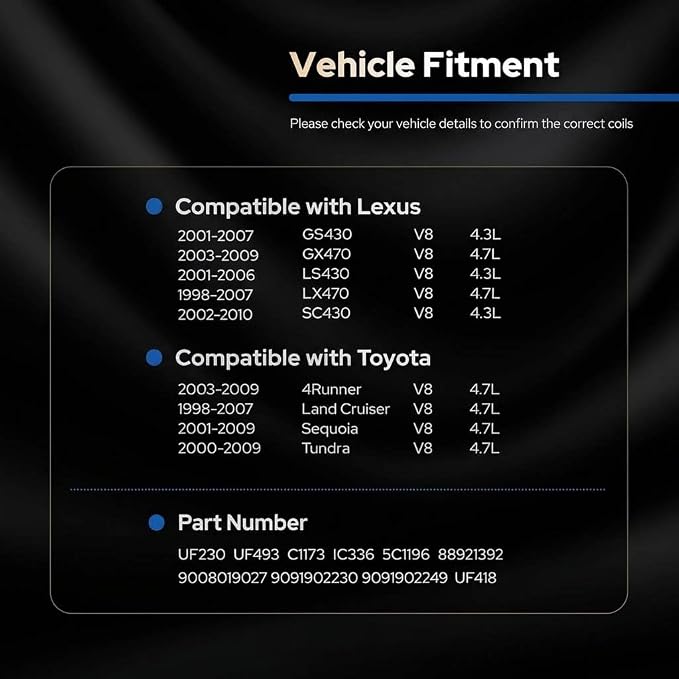 Ignition Coil UF230& Spark Plug 4504 for Toyota 4Runner Tundra Sequoia LandCruiser/for Lexus GS430 GX470 LS430 LX470 LX570 SC430 4.3L 4.7L V8 Replaces#C1173 UF493 5C1196