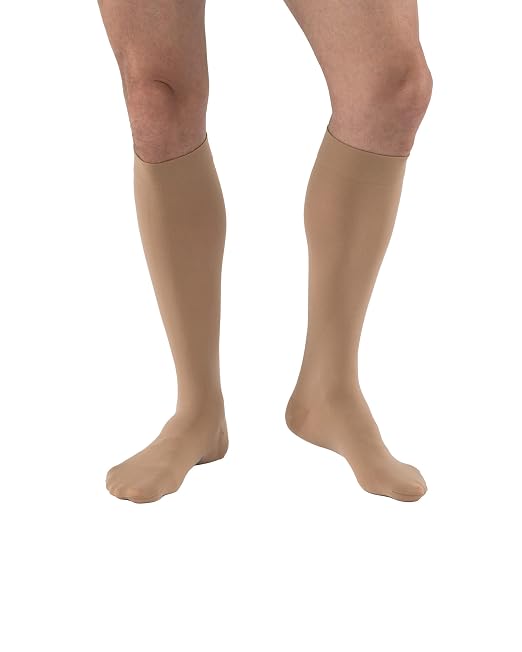 JOBST Relief Knee High Graduated Compression Socks, 15-20 mmHg - Comfortable Unisex Design - Closed Toe, Beige, Large Full Calf Petite