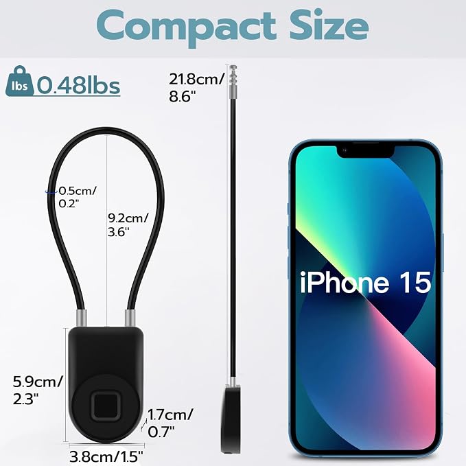Fingerprint Cable Lock, 3.6'' Long Shackle Fingerprint Lock with Bluetooth APP, Smart Keyless Biometric Waterproof Outdoor Smart Padlock for Gate Fence Locker Cabinet Gym Backyard