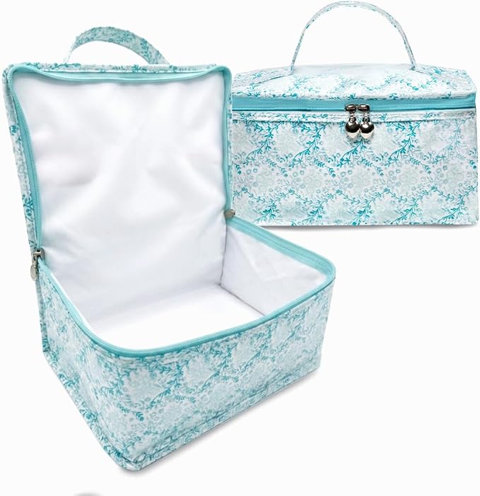 Jacaranda Living Vanity Bag/Train Case - Water-Resistant, PVC-Lined, Easy to Clean, Compact & Travel Ready Makeup Organizer - Aqua Trellis Print