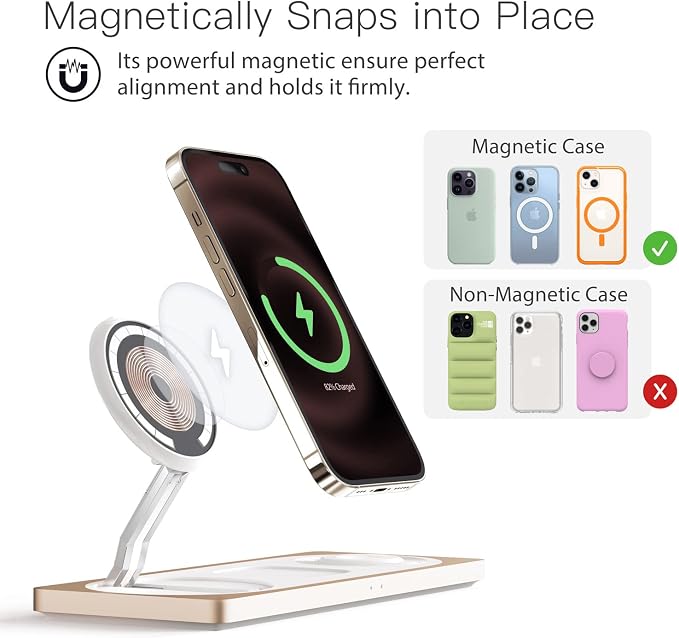 PETINO 3 in 1 Wireless Charging Station for Apple Devices with MagSafe | For iPhone 17/Air/16/15/14/13/12, AirPods & Apple Watch, Foldable Portable Aluminum Charging Stand, Adapter Included