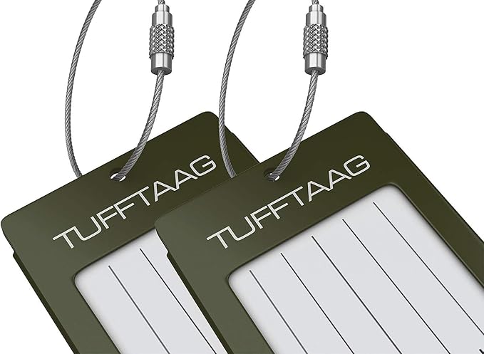 Luggage Tags Business Card Holder by TUFFTAAG - Durable Travel ID Bag Tag, Military Green, 2 Tags