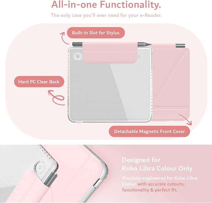 TUDIA M-FLIP Detachable Clear Magnetic Case for Kobo Libra Colour (2024) - [Auto Wake/Sleep] Shockproof Slim Transparent Back Magnetic Fold Cover with Stylus Holder (Pink)