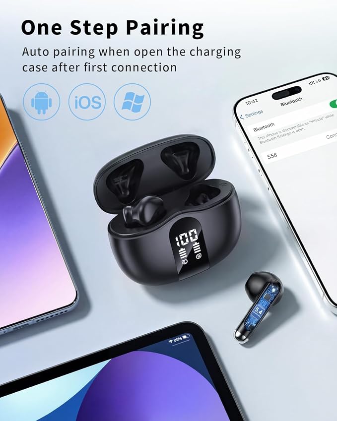 Wireless Earbuds, 2026 Bluetooth 5.4 Headphones Bass Stereo Ear Buds with Noise Cancelling Mic, LED Display in Ear Earphones 50H Playtime Ear Buds, IP7 Waterproof for Laptop Pad Phones, Pure Black