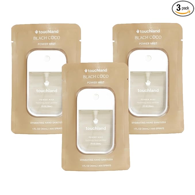 Touchland Hydrating Hand Sanitizer Spray – Beach Coco Trio Set, Dye Free – 3 x 1 FL OZ Travel Size Mists