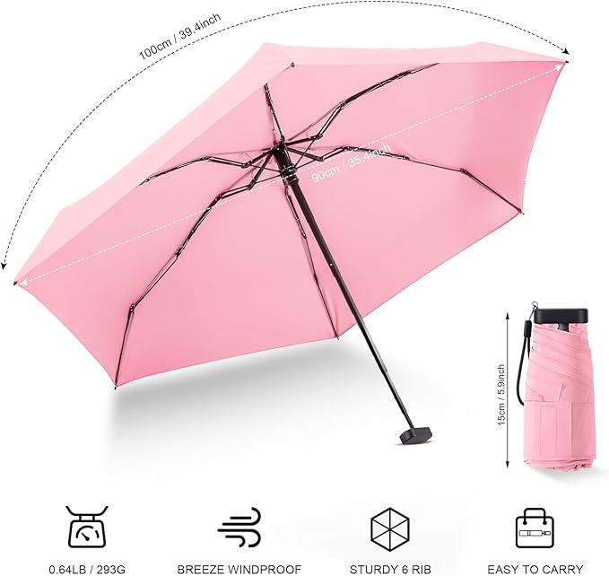 Mini Umbrella - Compact, Waterproof Travel Umbrella for Light Rain, Suitable for Women's Purse and Pocket