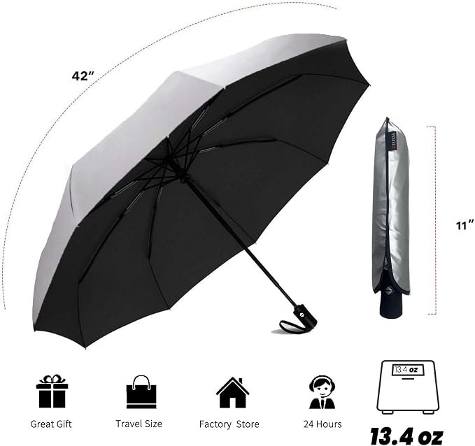 SIEPASA Compact Travel Umbrella - Windproof Auto Open/Close, Small Folding Umbrella for Rain & Sun with UPF50+ - Lightweight Frame, Waterproof - Fits Backpack, Purse, Suitcase.(Silver/Black)
