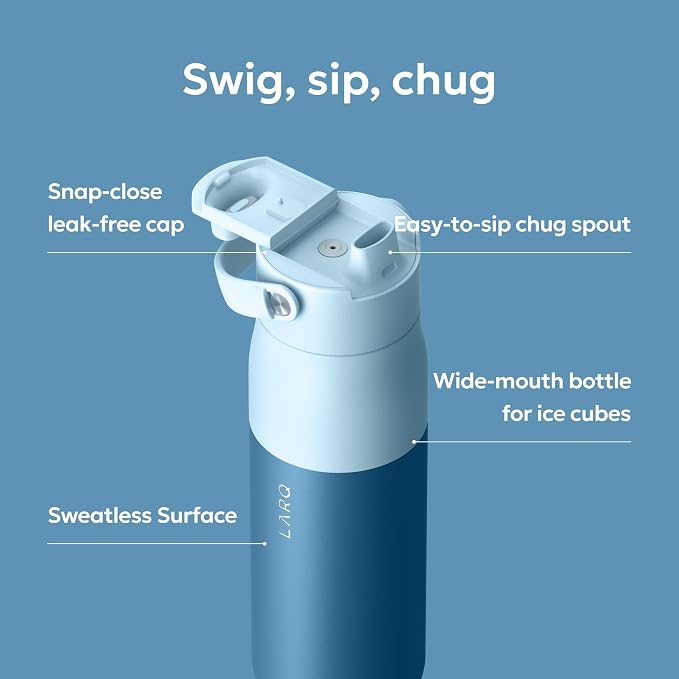 LARQ Swig Top — Insulated Stainless Steel Water Bottle with Straw, Detachable Silicone Handle, Vacuum 24h Cold, BPA-Free Metal Bottle for Gym, Travel, Office, Wide Mouth for Ice — 34 oz, Amalfi Blue