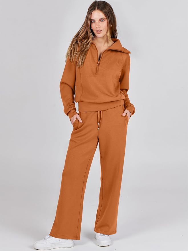 ANRABESS Women’s 2 Piece Outfits Half Zip Sweatshirt & Wide Leg Pants Airport Travel Lounge Matching Sets Sweatsuits Clothing