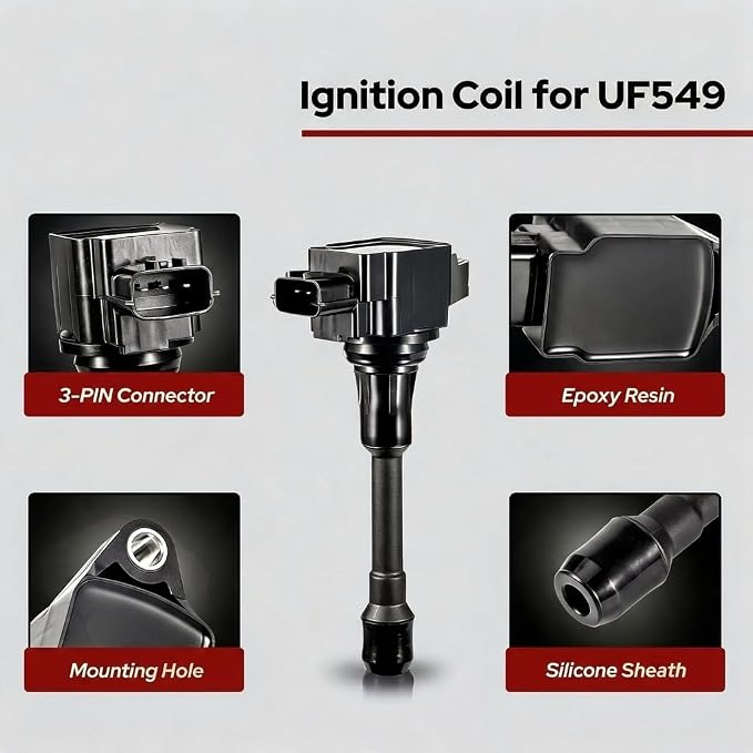 UF549 Ignition Coil Pack and 9029 Spark Plugs Compatible with Nissan 2007-2019 Altima Cube NP300 Frontier Rogue Sentra Tiida Urvan Versa XTrail 1.6L 1.8L 2.0L 2.5L, with Infiniti FX50 M56 QX70 5.6L