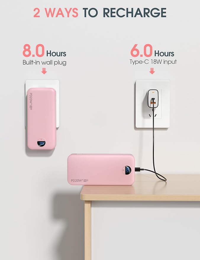 citicr Portable Charger 20000mAh PD20W w/Built-in Cables & Wall Plug Pink | High capacity, Fast charging, Built-in wall plug, LED display, Charge 5 devices at once, Pass through charging, TSA approved