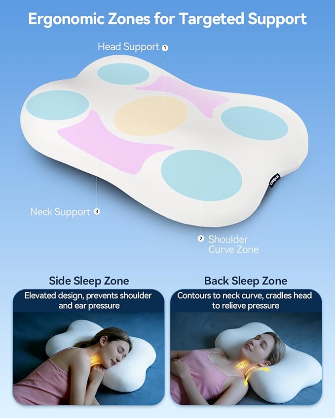 Cervical Neck Pillow for Sleeping, Memory Foam Pillows, Pure White | Ergonomic Contour Memory Foam, Neck Pain Relief, Side Back Stomach Sleepers, Cooling Pillowcase, Cloud-Soft Shoulder Support