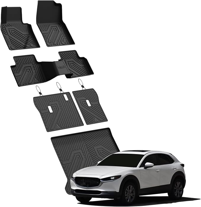LASFIT Floor Mats & Trunk Mat for Mazda CX30 2020-2026 All Weather TPE Custom Fit 2026 2025 2024 2023 2022 2021 2020 Floor Liners Car Mats Accessories, 1st & 2nd Row & Cargo Mats, Black