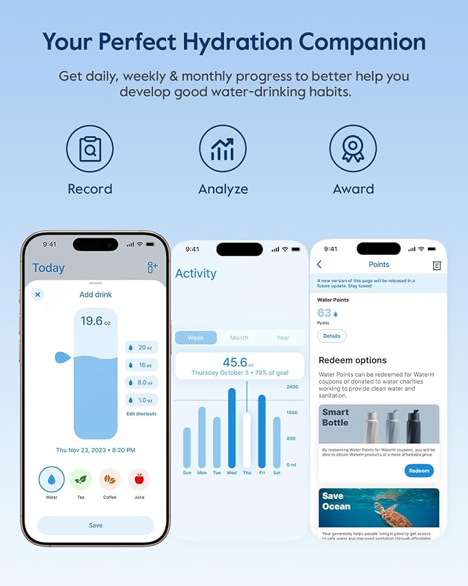 WaterH BOOST Smart Water Bottle with Reminder & Tracker, Double Wall Vacuum Insulated Bottles Stainless Steel, 32oz BPA-Free Wide Mouth for School, Gym, Office, Ideal for Father's Day