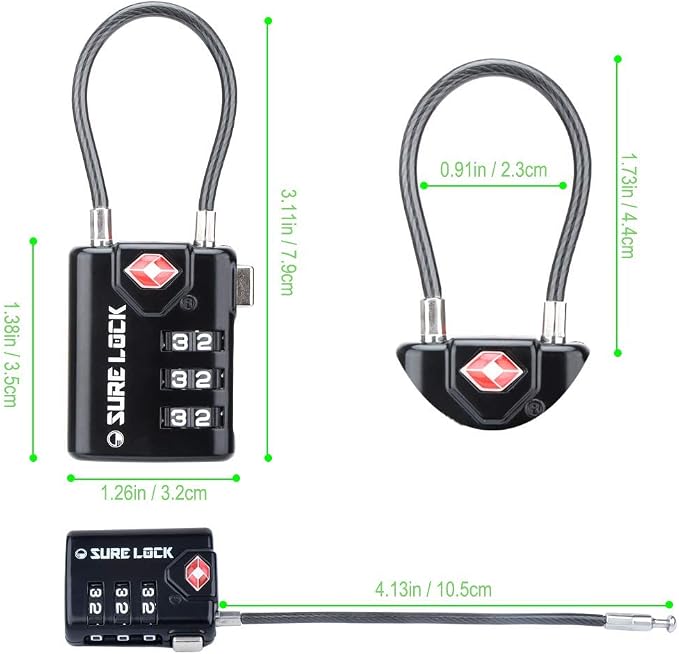 SURE LOCK TSA Approved Luggage Locks with Open Alert Indicator, 3 Digit Combination Cable Travel Lock for Suitcase, Backpack, Gym Locker, Toolbox & Travel Bag(Black 6 Pack