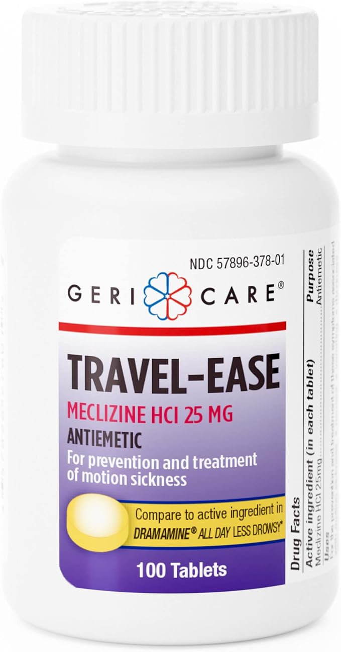 GeriCare Meclizine HCI 25mg Antiemetic Travel-Ease Tablets, Prevents and Treats Motion Sickness, Nausea Relief, 100 Count (Pack of 1)