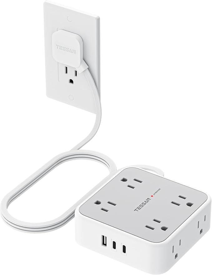 TESSAN Surge Protector Power Strip, 5 Ft Flat Plug Extension Cord with 3 USB (2 USB C) 8 Outlets, 1250W, 900J Protection, 3 Sided Outlet Extender with Power Switch for Office, Dorm Room, Grey
