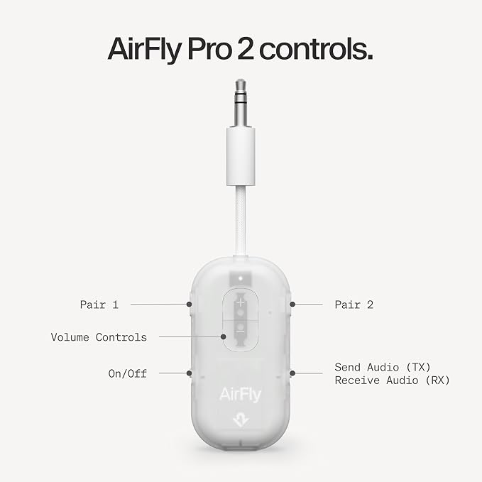 AirFly Pro 2 – Bluetooth Adapter for Airplane, Pair 2 AirPods or Wireless Headphones – 3.5mm AUX Bluetooth Transmitter for Cars, Boats, Treadmills, TVs– Airplane Travel Essentials, Glacial White